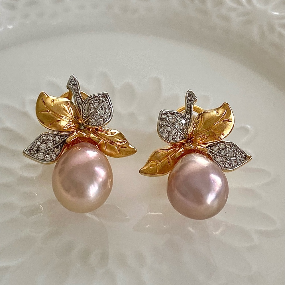 E63-Handmade Pink Edison Pesarl Two Tone Earring - Picture 8 of 9